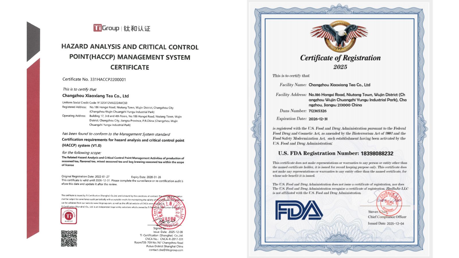 ใบรับรอง HACCP และทะเบียน US FDA ของ Changzhou Xiaoxiang Tea